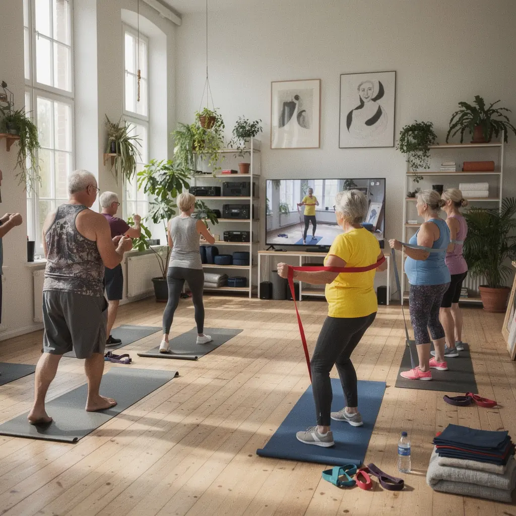 Grupa vecāka gadagājuma cilvēku, kas kopīgi vingro pie datora ekrāna.