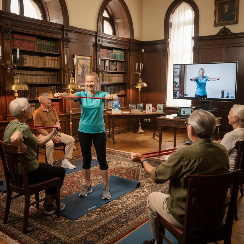 Instruktors, kas demonstrē stājas uzlabošanas vingrinājumus virtuālajā klasē.