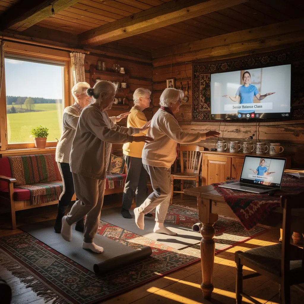 Vīrietis, kurš piedalās tiešsaistes nodarbībā, veicot stiepšanās vingrinājumus.