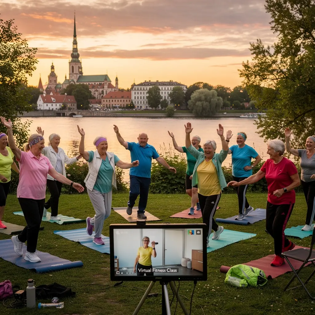 Vīrietis, kurš seko līdzi vingrinājumiem, izmantojot fitnesa lietotni mobilajā ierīcē.