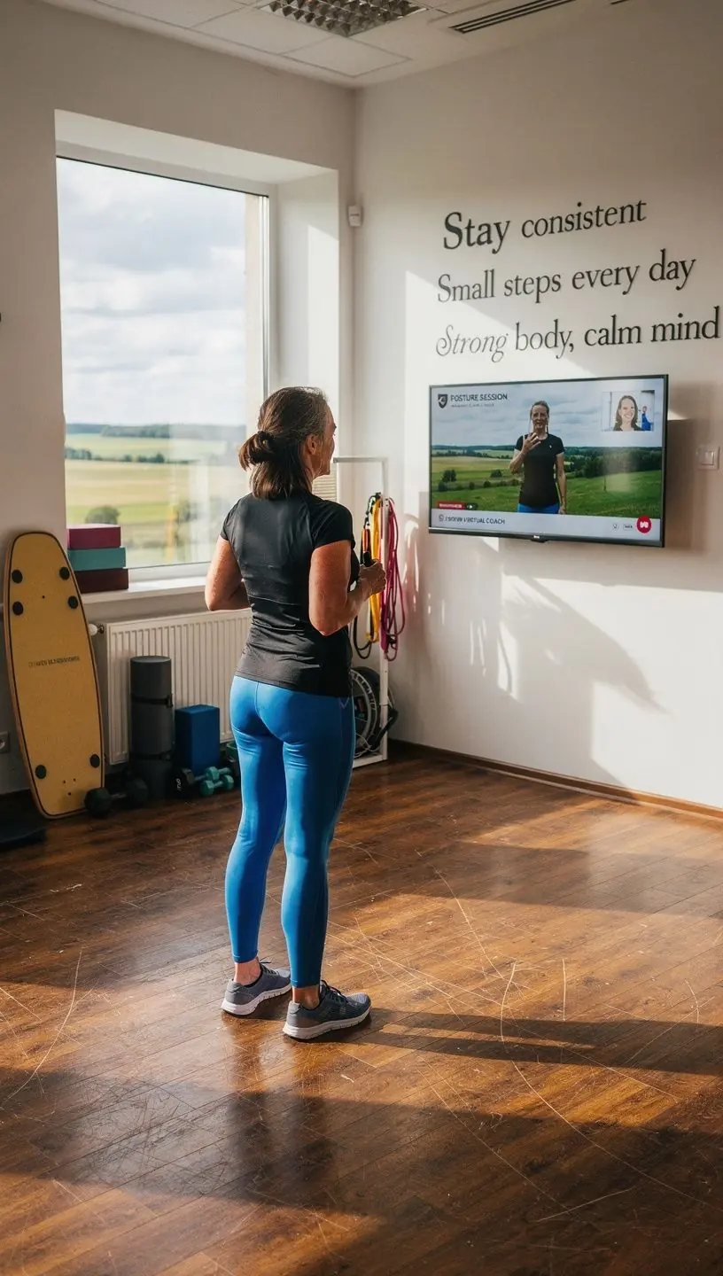 Vingrošanas sesija, kurā piedalās gados vecāki cilvēki, izmantojot virtuālo platformu.