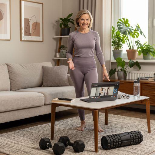 Sieviete vidējā vecumā praktizē jogu, koncentrējoties uz ķermeņa līdzsvaru un stāju.