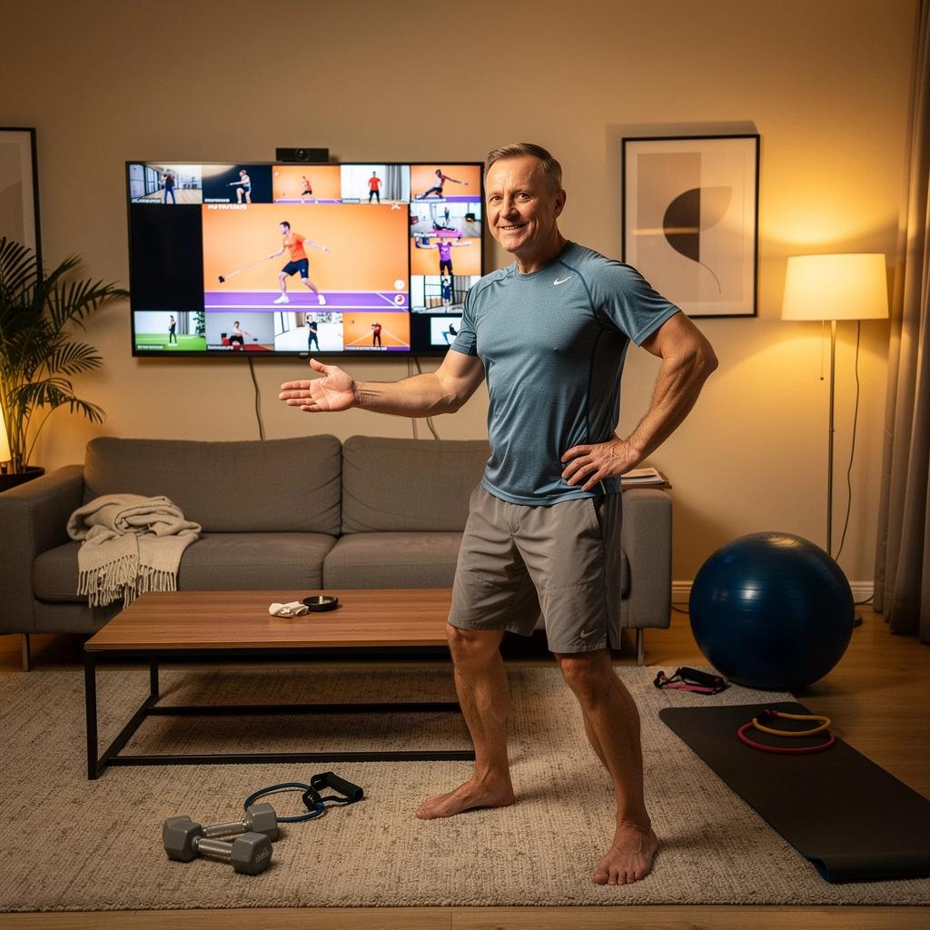 Mature paaudzes dalībnieki veic vingrojumus ar svaru, uzlabojot muskuļu tonusu un elastību.